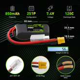 Lot de 2 batteries Lipo OVONIC 2S 850 mAh 2S1P 120 C 7,4 V avec prise XT30 pour drones Whoop sans balais Tinywhoop de 100 mm à 140 mm
